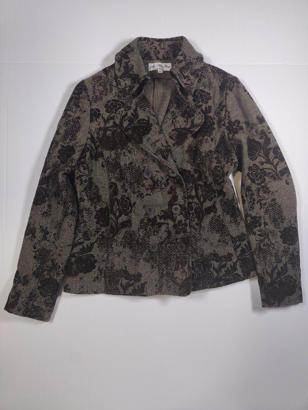 Bleu Blanc Rouge Wool Brown Floral Burned Velvet Double Breasted Jacket Size 8